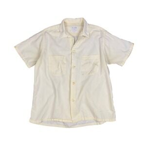 True Vintage 60s Loop Collar Van Heusen Camp Shirt Men M Cream Cotton Distressed